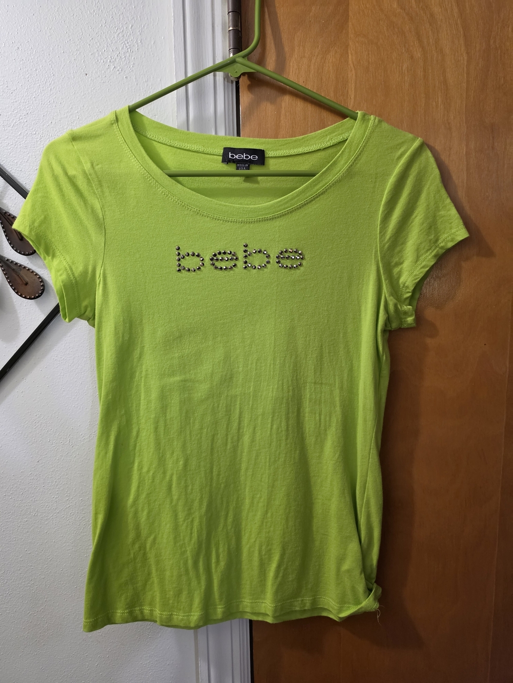 bebe Neon Lime Logo Tee with Crystal Accent Size M